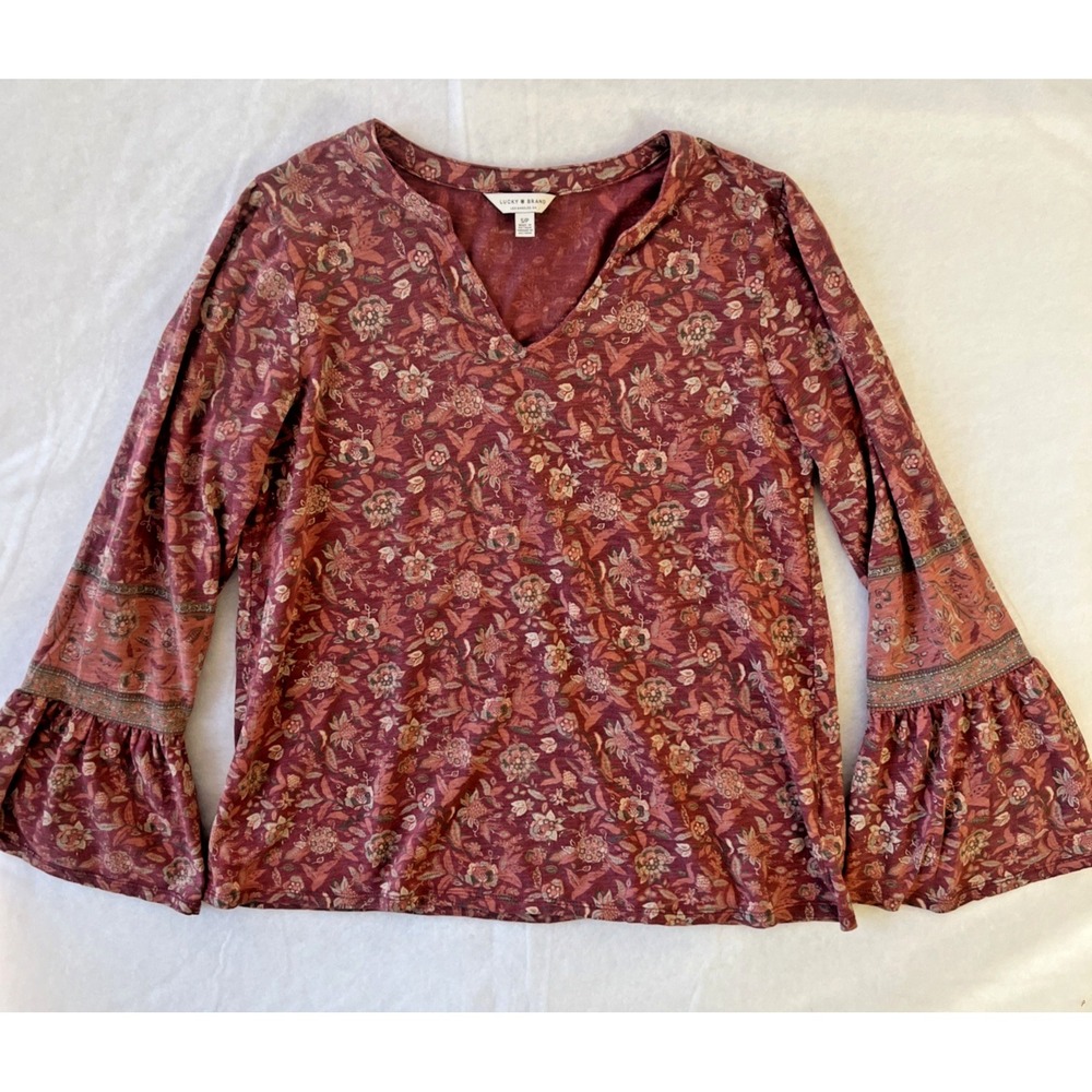 Lucky Brand Boho Peasant Blouse Size S Burgundy Bell Sleeves Cottage Core